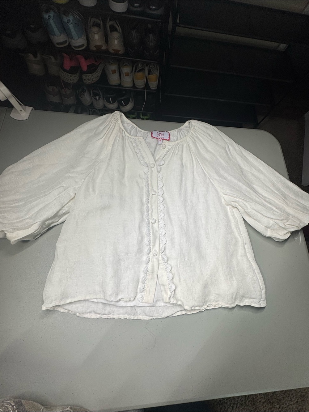 Ivory Peasant Blouse with Scalloped Button Front